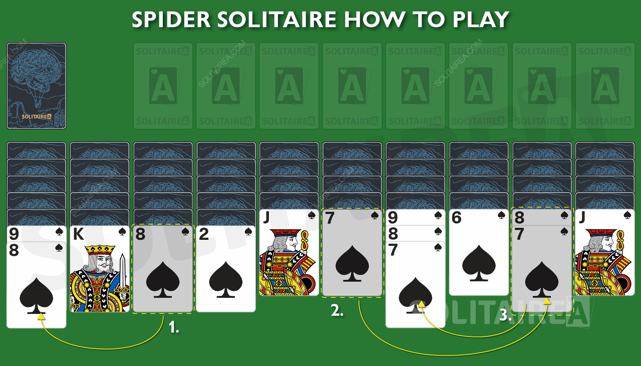 Při přesouvání a třídění karet se ve hře Spider Solitaire objevují nové zakopané karty.