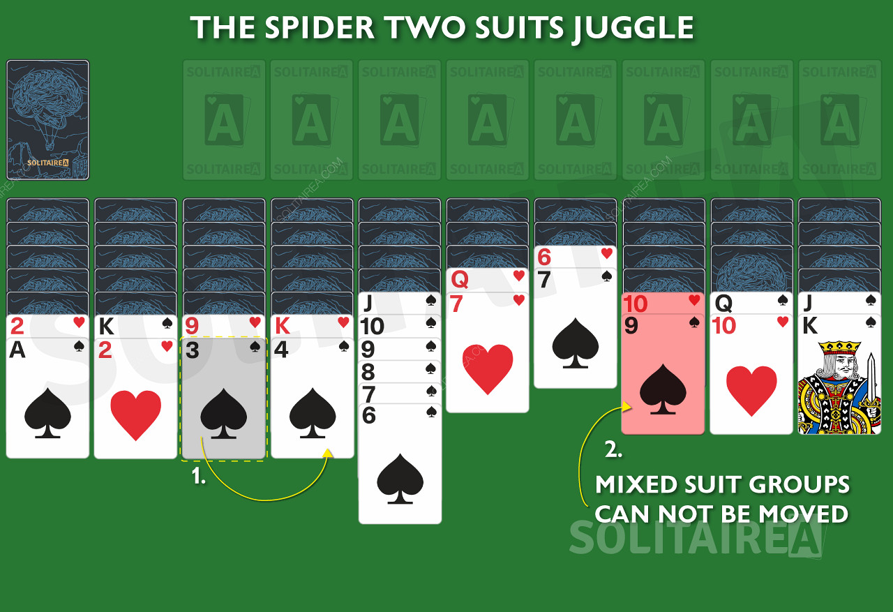 Ve hře Spider Solitaire 2 Suits nelze přesouvat smíšené skupiny barev